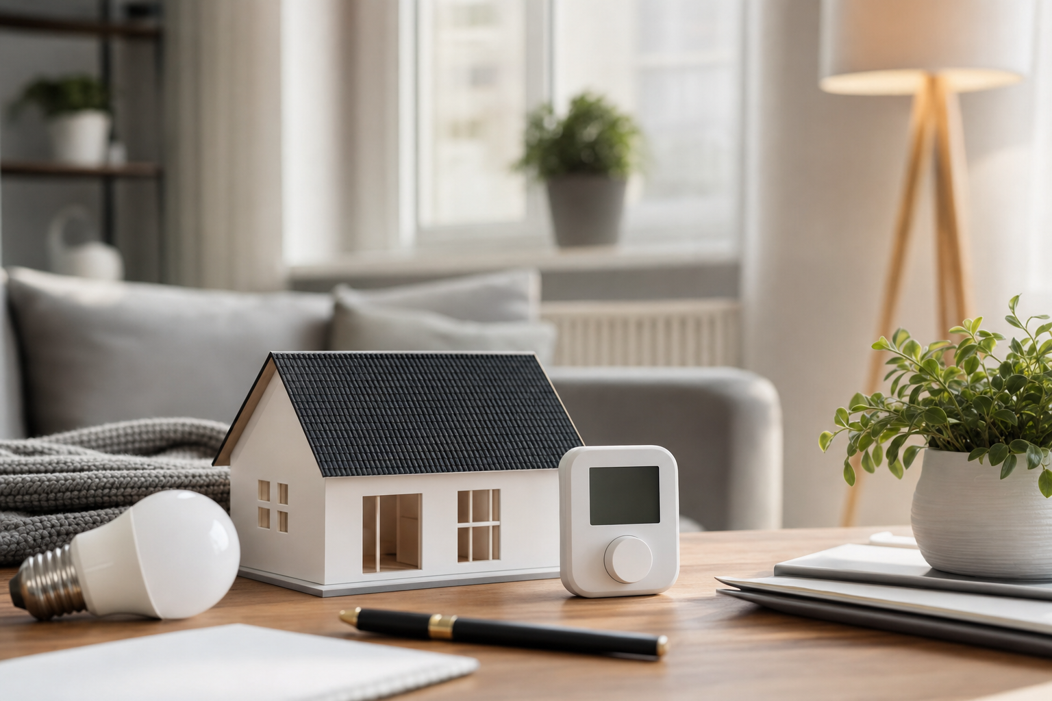 Hausmodell mit Thermostat und LED-Lampe als Symbol für energieeffizientes Wohnen